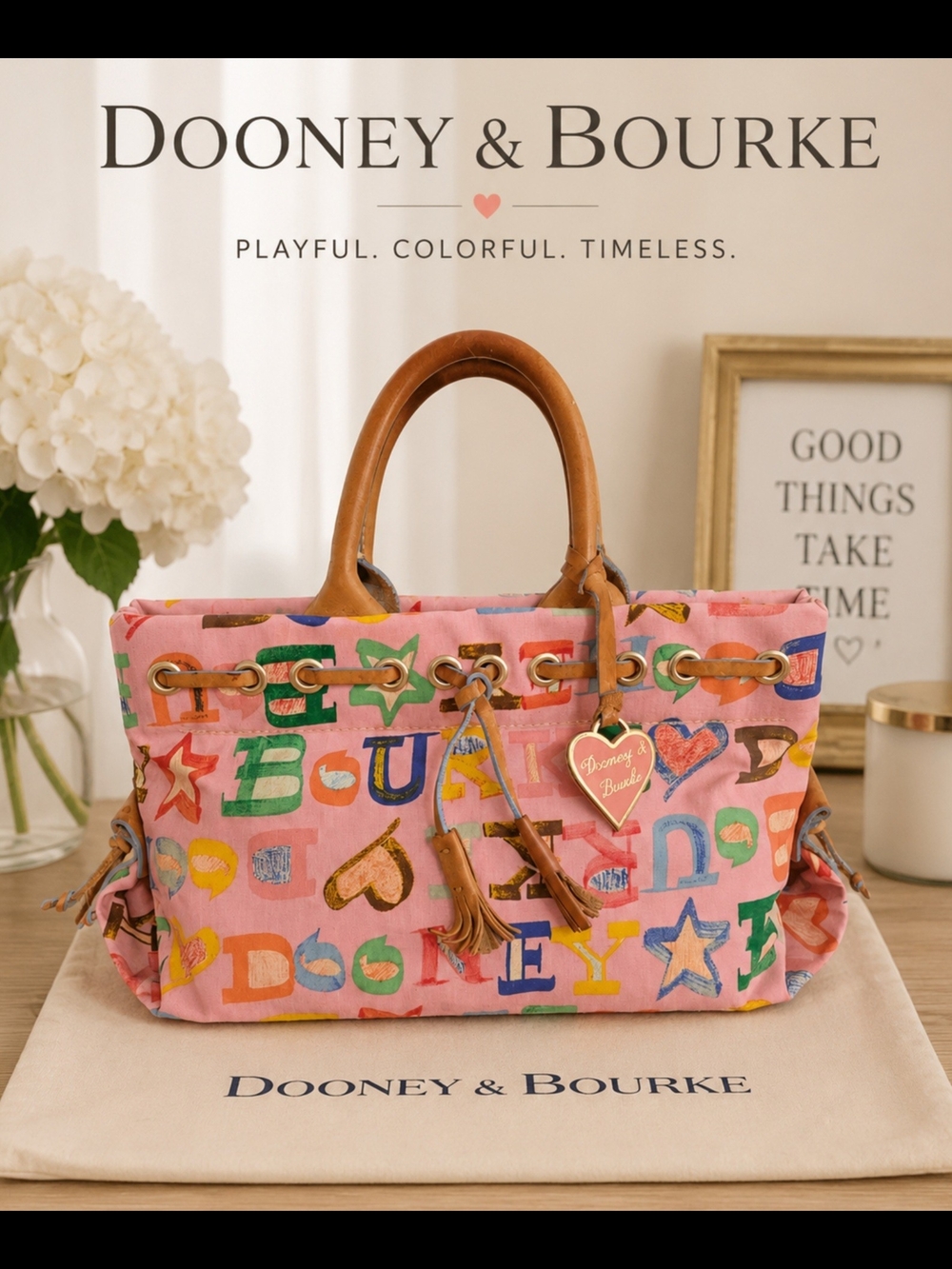 Vintage Y2k Dooney & Bourke Pink Doodle Tassel Tote, Multicolor Alphabet Print